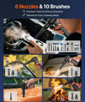 Cordless Air Duster With 130000 RPM Ultra Power 8000mAh Battery cleaning various items using multiple nozzles and brushes.