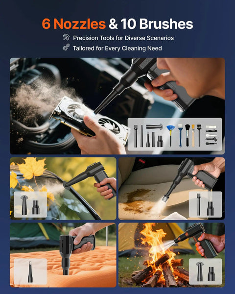 Cordless Air Duster With 130000 RPM Ultra Power 8000mAh Battery cleaning various items using multiple nozzles and brushes.