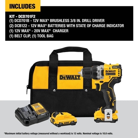 Compact 12V Max Brushless Drill Driver Kit With Three Eighths Inch Chuck Built For Real World DIY Boss Level Projects Variable Speed Longer Runtime Power Boost With 2.0Ah Battery