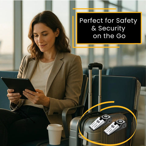 Portable Door Lock And Door Stop Alarm Two Pack Travel Security Bundle For Hotels Dorms And Airbnbs Secure Your Spot shown next to traveler.