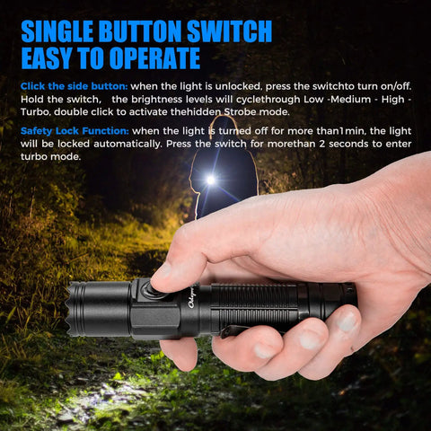 Hand holding Rechargeable 1200 Lumen Compact Flashlight With Power Display IP67 Waterproof 5 Light Modes 984ft Throw EDC