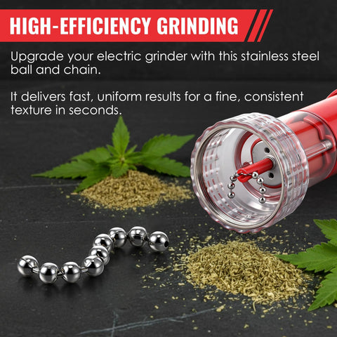Replacement Chain And Ball Set For Wakit Grinder RollBotz next to an electric herb grinder on a dark background with ground herbs.
