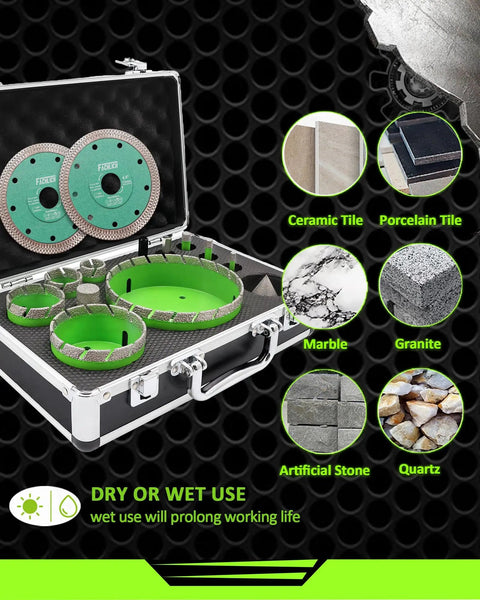 Tile Hole Saw Kit 14 Piece Diamond Core Drill Bit Set For Porcelain Ceramic Marble Brick Granite shown in open case with bits.