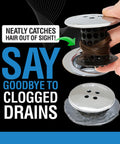 Person holding Inside Tub Drain Hair Catcher in Black Chrome Finish, demonstrating hair collection and drain protection.