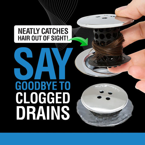 Person holding Inside Tub Drain Hair Catcher in Black Chrome Finish, demonstrating hair collection and drain protection.