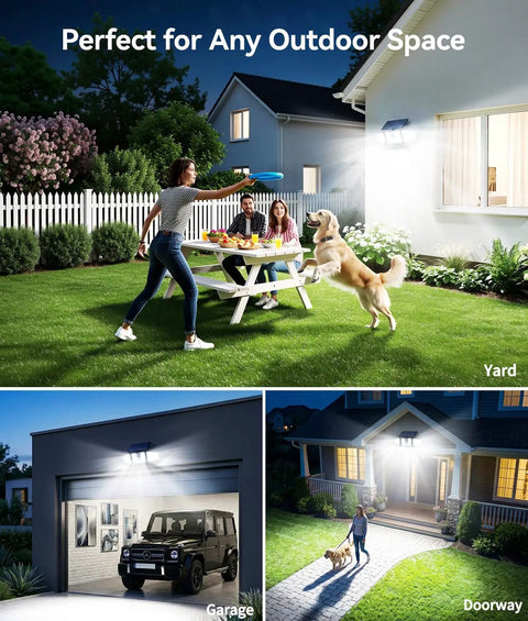 Built Tough 210 LED Solar Flood Lights With Snappy Motion Sensor And All Season Waterproof Housing Three Head 300 Degree Wide Sweep Captures Activity Around Backyard Patio Driveway Or Garage Entry Stalwart Two Pack Finished In Glossy Black