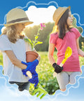 Two kids gardening with tools from 12 Piece Kids Beach Toys Set With Metal Shovels Rakes Forks And Wooden Handles For Sand Play