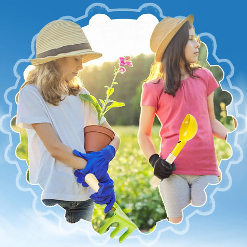 Two kids gardening with tools from 12 Piece Kids Beach Toys Set With Metal Shovels Rakes Forks And Wooden Handles For Sand Play