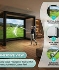 Inflatable Golf Simulator Enclosure With White Projection Screen, Portable Practice Net Tent For Indoor Outdoor Use, 1.5m L By 3.5m W By 2.8m H, Includes Air Pump For Home Garage Office Training shown in living room setup with clear projection and golfer practicing