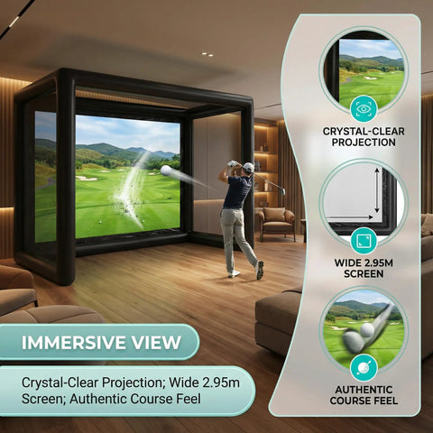 Inflatable Golf Simulator Enclosure With White Projection Screen, Portable Practice Net Tent For Indoor Outdoor Use, 1.5m L By 3.5m W By 2.8m H, Includes Air Pump For Home Garage Office Training shown in living room setup with clear projection and golfer practicing