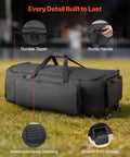 Rock Solid Drum Hardware Rolling Bag With Smooth Gliding Wheels And Extra Thick Padding For Snare Cymbal Stands And Kick Drum Pedals showcasing durable zipper, sturdy handle, and smooth wheels.
