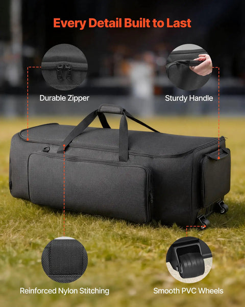 Rock Solid Drum Hardware Rolling Bag With Smooth Gliding Wheels And Extra Thick Padding For Snare Cymbal Stands And Kick Drum Pedals showcasing durable zipper, sturdy handle, and smooth wheels.