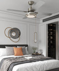 52 Inch Ceiling Fan With Lights Remote Control And Dimmable LED Four Blade Brushed Nickel Motor in a stylish bedroom setting.