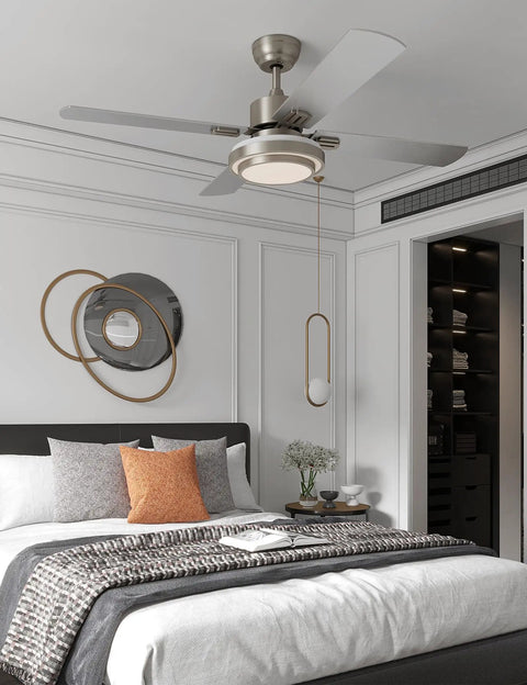 52 Inch Ceiling Fan With Lights Remote Control And Dimmable LED Four Blade Brushed Nickel Motor in a stylish bedroom setting.