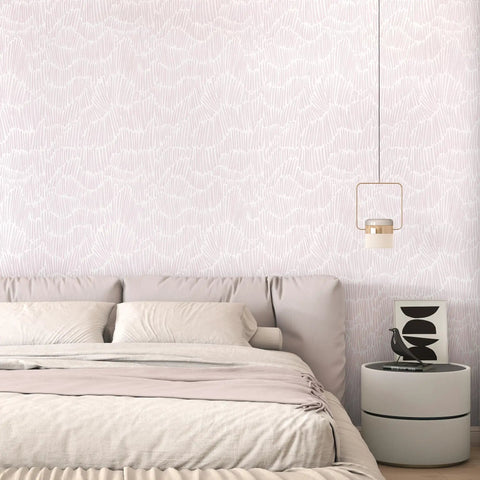 Fresh Boho Striped Peel And Stick Wallpaper Roll In Light Pink Waterproof Vinyl Contact Paper on a bedroom wall.