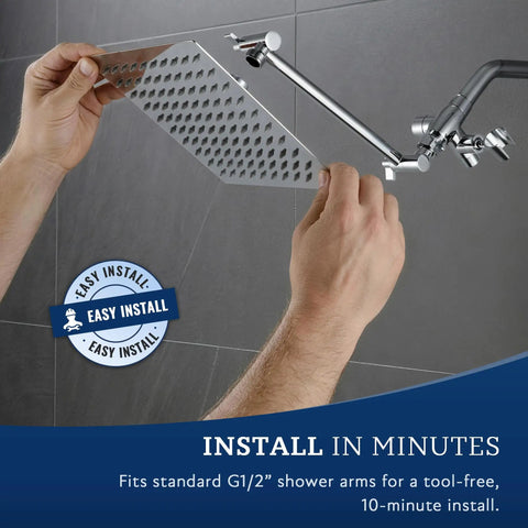 Installation of All Metal 8 Inch Dual Square Rain Shower Head With Handheld Spray, Chrome Finish, showing adjustable arm.