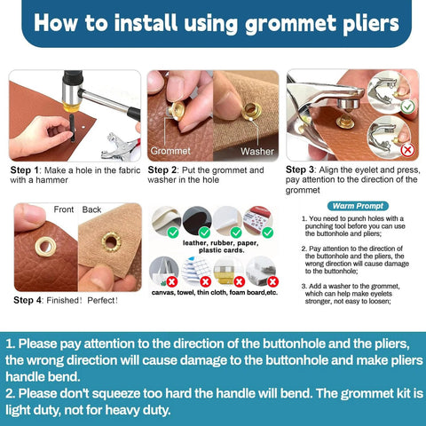 Steps showing how to use Grommet Tool Kit 1003 Pieces With 1000 Eyelets And Washers One Quarter Inch Inside 6mm Grommets Pliers Set
