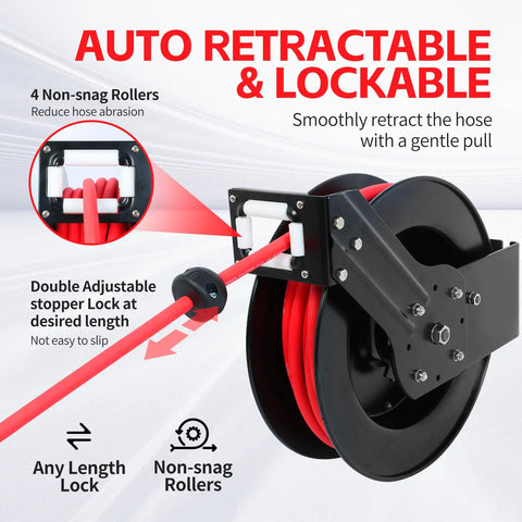Side view of 50 Foot Auto Rewind Retractable Air Hose Reel with Three Eighths Inch Rubber Hose 250 PSI heavy-duty steel spring.