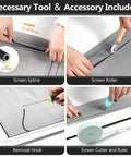 39 By 78 Inch Window Screen Repair Kit No Fuss With Fiberglass Mesh Roll All In One Replacement tools including screen spline, roller, removal hook, and cutter.