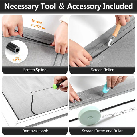 39 By 78 Inch Window Screen Repair Kit No Fuss With Fiberglass Mesh Roll All In One Replacement tools including screen spline, roller, removal hook, and cutter.