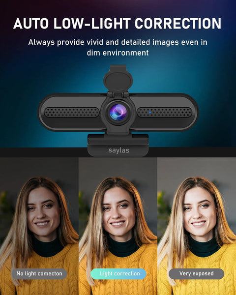 4K Auto Focus USB Web Cam With Dual Mics And Quick Privacy Flip Hella Crisp Video For Seamless Meetings Live Streams And Streamer Clips Plug And Play On PC Or Laptop A Total No Brainer Purchase showing low-light correction feature and user smiling in a yellow sweater.