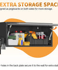 Up Flip Door Wall Mount Tool Cabinet With Pegboard, Built Tough Heavy Duty Steel Garage Storage Cabinet For Kitchen Workshop And Warehouse, Black And Gray, Smooth Hydraulic Lift, 90 Degree Open, Easy Access. Wall-mounted steel cabinet with pegboard side panels and 90° open door.