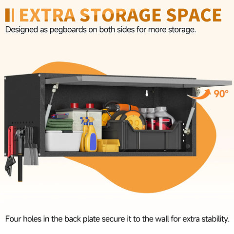 Up Flip Door Wall Mount Tool Cabinet With Pegboard, Built Tough Heavy Duty Steel Garage Storage Cabinet For Kitchen Workshop And Warehouse, Black And Gray, Smooth Hydraulic Lift, 90 Degree Open, Easy Access. Wall-mounted steel cabinet with pegboard side panels and 90° open door.