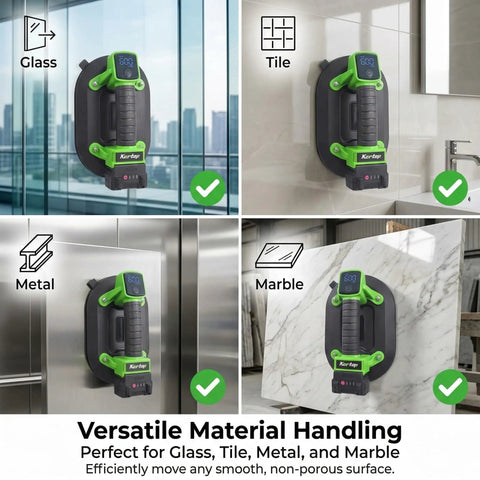 Hella Heavy Duty Electric Suction Lifter For Glass, Granite & Tile on glass, tile, metal, and marble surfaces showing versatility.