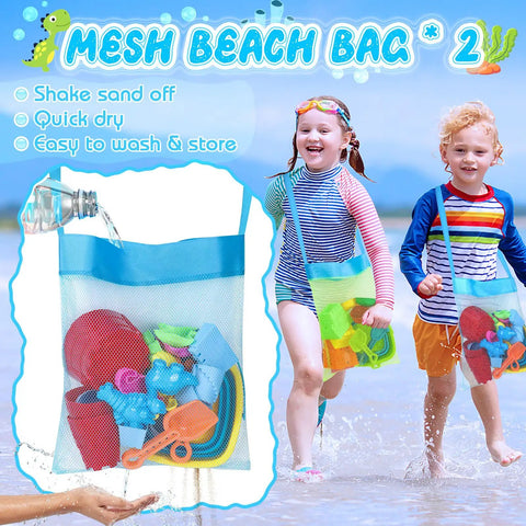 Children carrying mesh bags with collapsible beach toys set for kids and toddlers 32 piece sandbox kit with double buckets