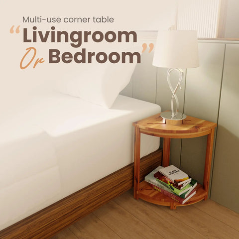 Wood corner shower bench with storage shelf for tight bathrooms beside bed, showcasing acacia wood material and shelf storage.