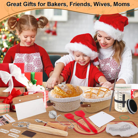 Ultimate Sourdough Starter Kit with 9 inch round and 10 inch oval proofing baskets shown with family baking in holiday setting