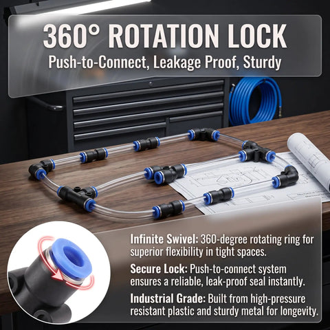 Get This Awesome QITUO 60 Pc Air Fitting Kit With Fast Push To Connect Design For Compressors And Pneumatic Tools In 8 Sizes Including 1/4 inch And Metric Options To Make Your Job Much Easier., 360° swivel push-to-connect air fittings on clear tubing, black plastic and blue rings