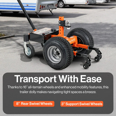 SuperHandy Electric Trailer Dolly With 7500 Lb Capacity for RV Boat Movers showing 16" all-terrain wheels and supports for tight spaces.