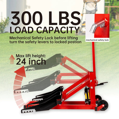 Heavy Duty 300 Pound Adjustable Riding Lift Jack For Tractors Atvs And Zero Turn Mowers With Rock Solid Steel Build Quick Pump Action Secure Safety Lock Bar Non Skid Casters To Kick Those Mean Machines Off The Ground Effortlessly