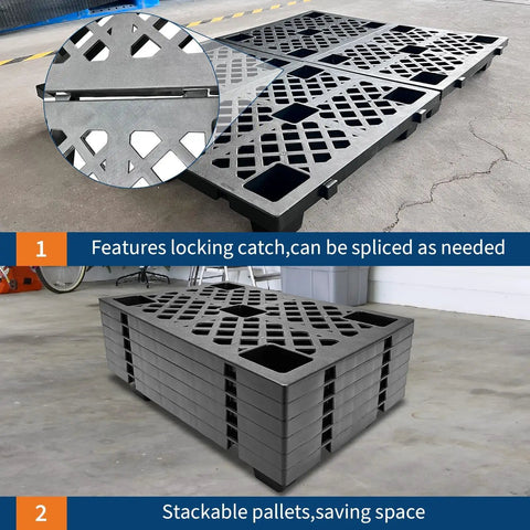 4 Pack Plastic Pallet With Perforated Ventilated Grid, Modular Stackable Tray, Beefy 2200 Lb Capacity Forkliftable For Garage