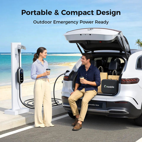 Level 1 And Level 2 Portable EV Charger With 8 To 16 Amp Adjustable Current And 25 Foot Cord in use at a beachside parking