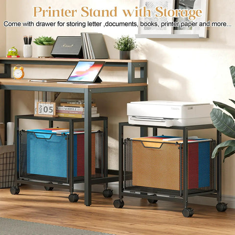 Under Desk Storage Organizer With Drawer Rolling File Cabinet used as printer stand in home office scene, on wheels.