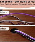 Slick Black Desk Grommet Kit Featuring Eight Two Inch Abs Covers And Soft Rubber Liners Plus Precision Hole Saw For Straight Up Clean Cord Organization On Office Furniture before and after image showing organized cables.