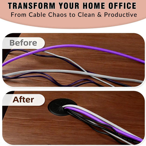 Slick Black Desk Grommet Kit Featuring Eight Two Inch Abs Covers And Soft Rubber Liners Plus Precision Hole Saw For Straight Up Clean Cord Organization On Office Furniture before and after image showing organized cables.