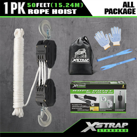 Heavy Duty Block And Tackle Pulley System With 5 To 1 Lift 1000 Lb Working Load 2000 Lb Break Strength 50 Ft Rope Hoist With 2 Soft Loops For Garage Hunting And DIY Attic Lifts White package