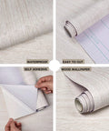 White Wood Grain Peel And Stick Wallpaper For Cabinets showing rolls, waterproof feature, and adhesive back.