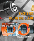 Powerhouse Brushless Cordless Drill Set With Four In One Action And Fifty Newton Meters Torque Includes Two Quick Charge Batteries Solid Metal Chuck Plus Complete Gear For Weekend Hustlers And Professionals close-up of metal chuck and torque adjustment