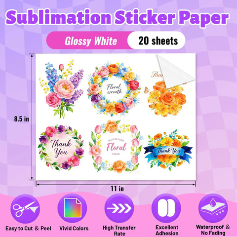 White Sublimation Sticker Paper 8.5x11, 20 Sheets, Waterproof Glossy Vinyl For Inkjet Printers And Heat Press with floral designs