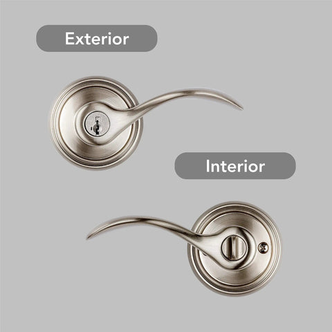 Entry Door Handle With Reversible Lever And Keyed Lock Featuring SmartKey Rekey Technology And Microban Protection In Satin Nickel Easy Install For Exterior Or Interior Doors showing both sides of handle