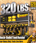Wall-mounted metal tool shelf holding drills and screwdrivers, labeled 320 lb capacity, on wood background.