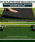 Instructions on flattening 5x4 Premium Pro Grade Golf Hitting Mat With 40mm Cushioned Turf, featuring folding and weights method.