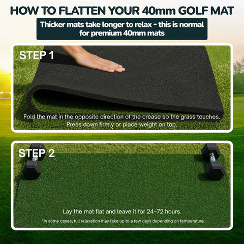 Instructions on flattening 5x4 Premium Pro Grade Golf Hitting Mat With 40mm Cushioned Turf, featuring folding and weights method.