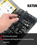 Katuna 616-piece 304 stainless bolt and nut kit in case; metric M4–M6, 15 sizes, includes hex bolts, nuts, washers.