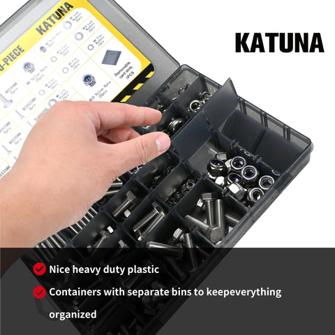 Katuna 616-piece 304 stainless bolt and nut kit in case; metric M4–M6, 15 sizes, includes hex bolts, nuts, washers.