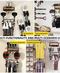 Easy Install Motorcycle Helmet Holder Wall Mount Rack With Dual Hat Stands, hanging helmets, jackets, gear in a garage.